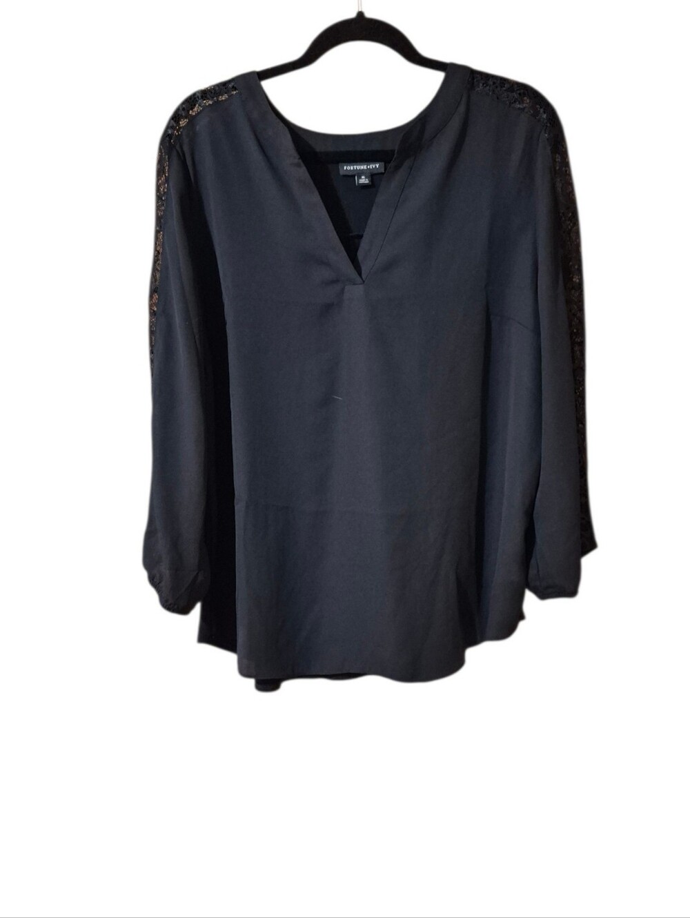 Fortune & Ivy Black V-Neck Lace Trim Long Sleeve Blouse Sz XL EUC